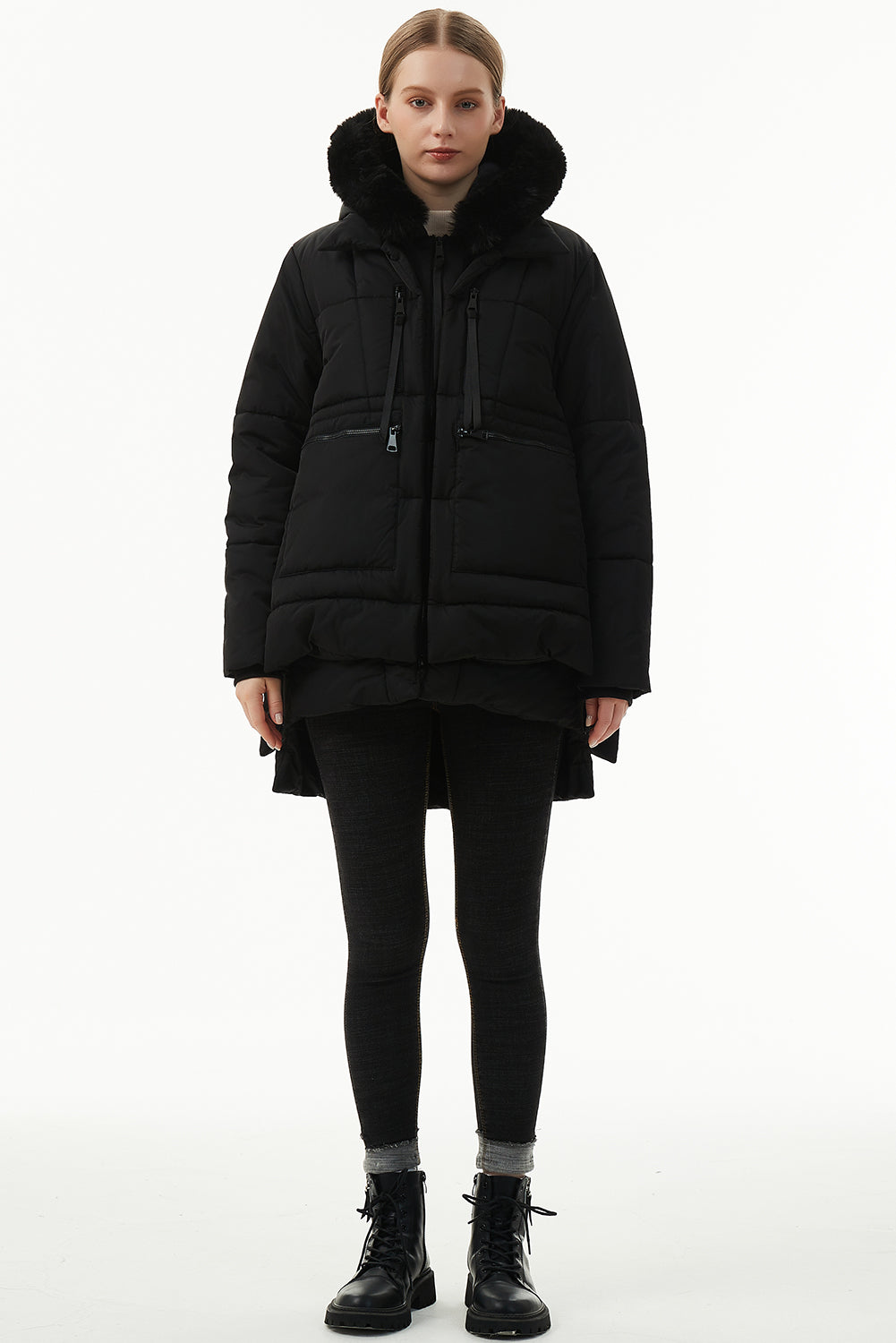 Beige Plush Linen Zip Up Hooded Puffer Coat