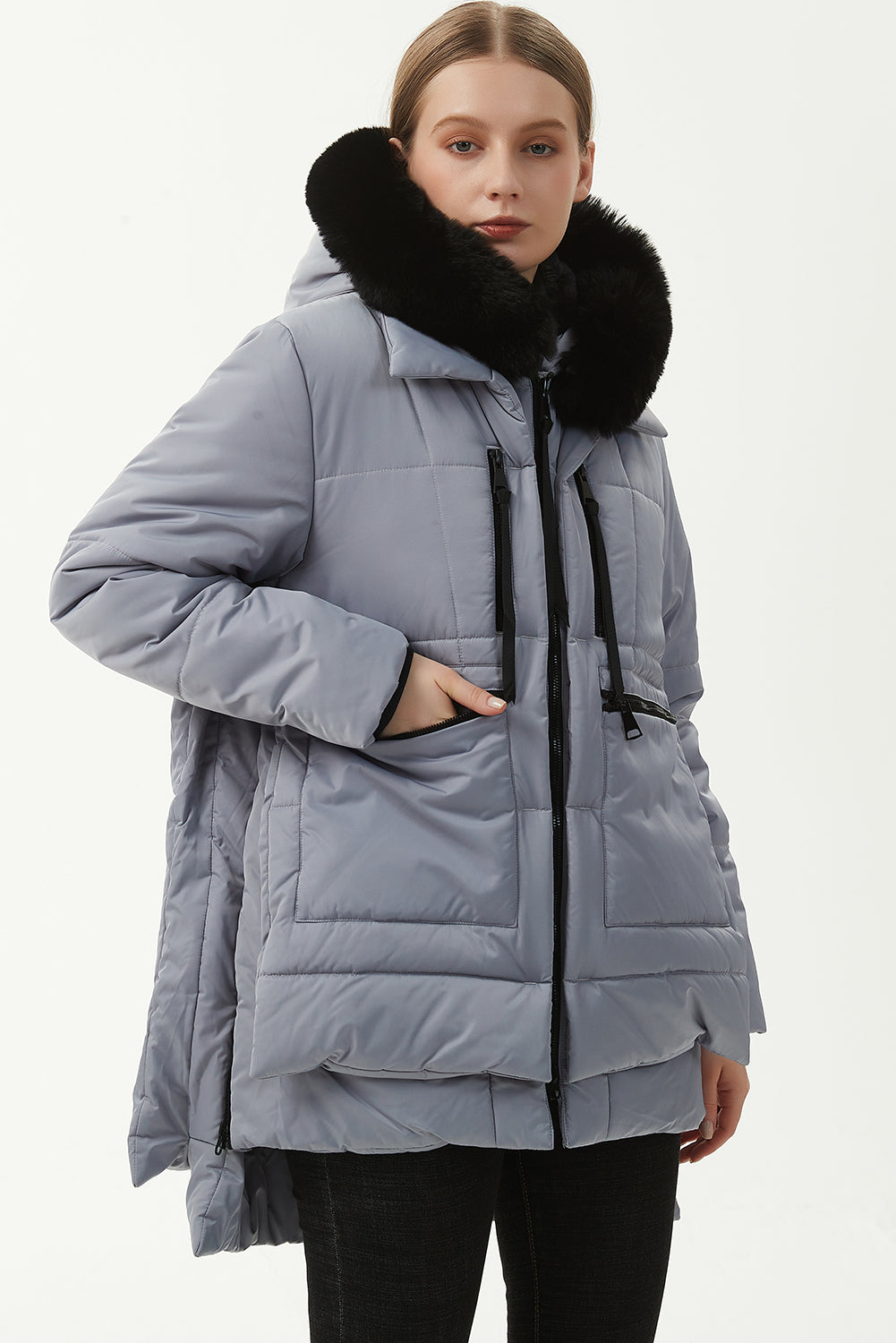 Beige Plush Linen Zip Up Hooded Puffer Coat