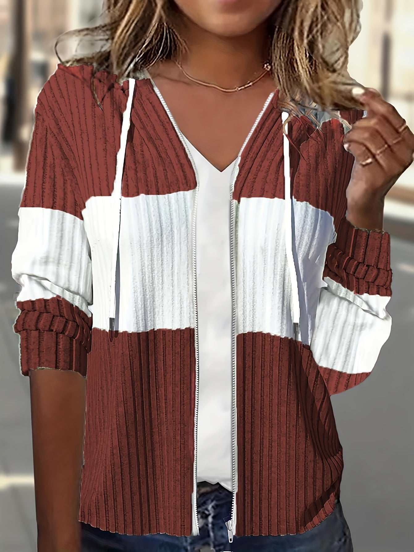 Color Block Zip Up Drawstring Hoodie, Casual Long Sleeve Rib Knit Sweatshirt, Women's Clothing