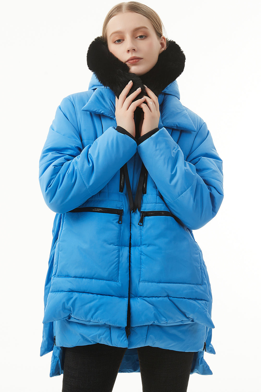 Beige Plush Linen Zip Up Hooded Puffer Coat