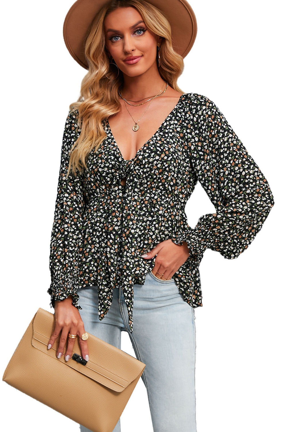 Linda blusa de manga larga con volantes y lazo delantero con estampado floral
