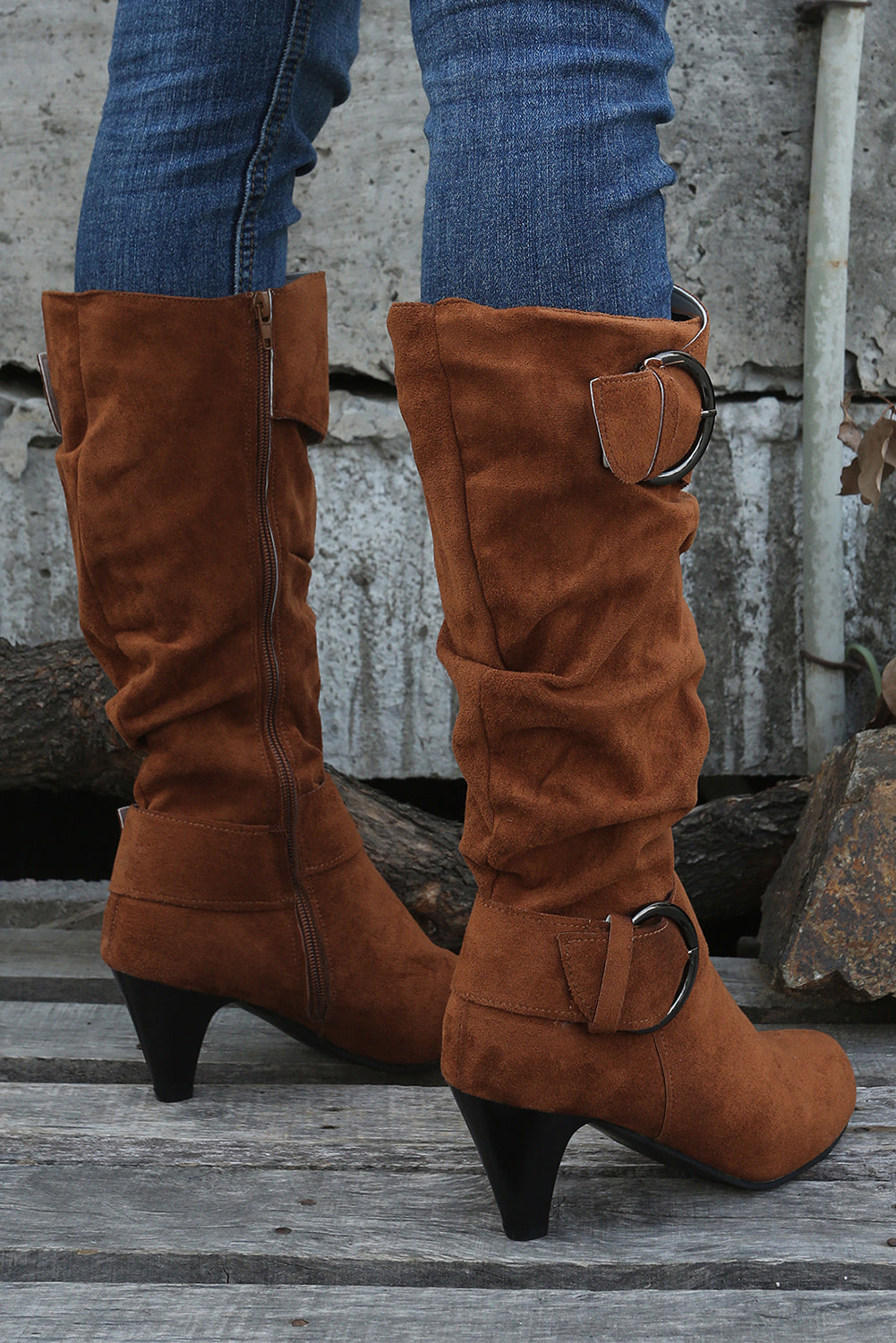 Chestnut Pointed Toe Buckle Decor Zipper Heeled Boots