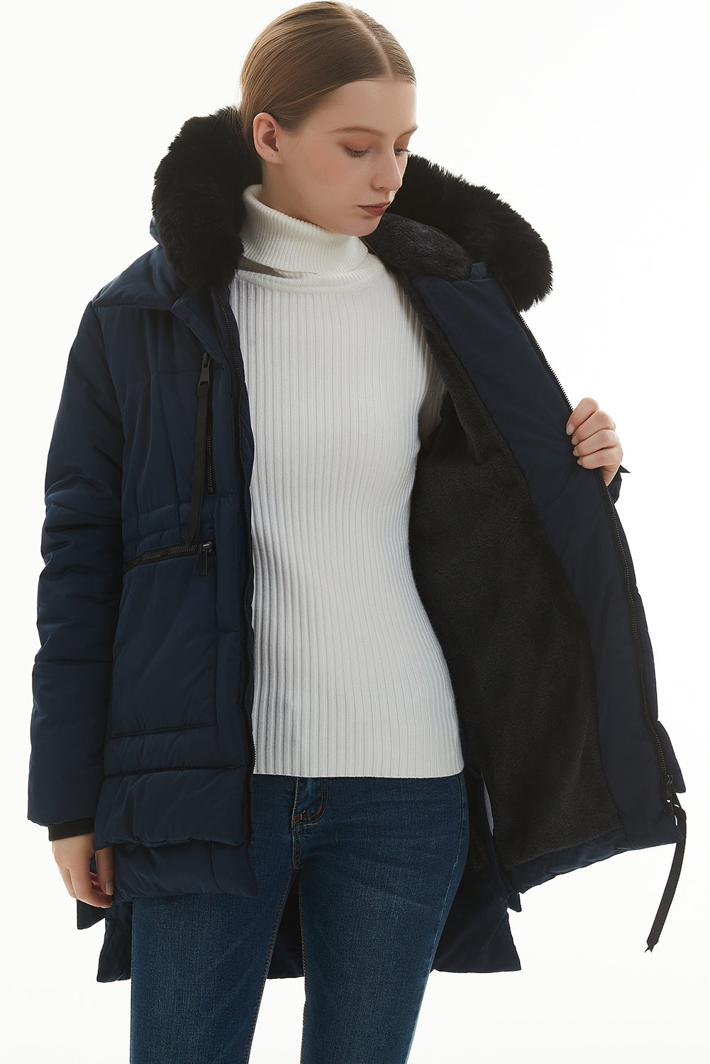 Beige Plush Linen Zip Up Hooded Puffer Coat