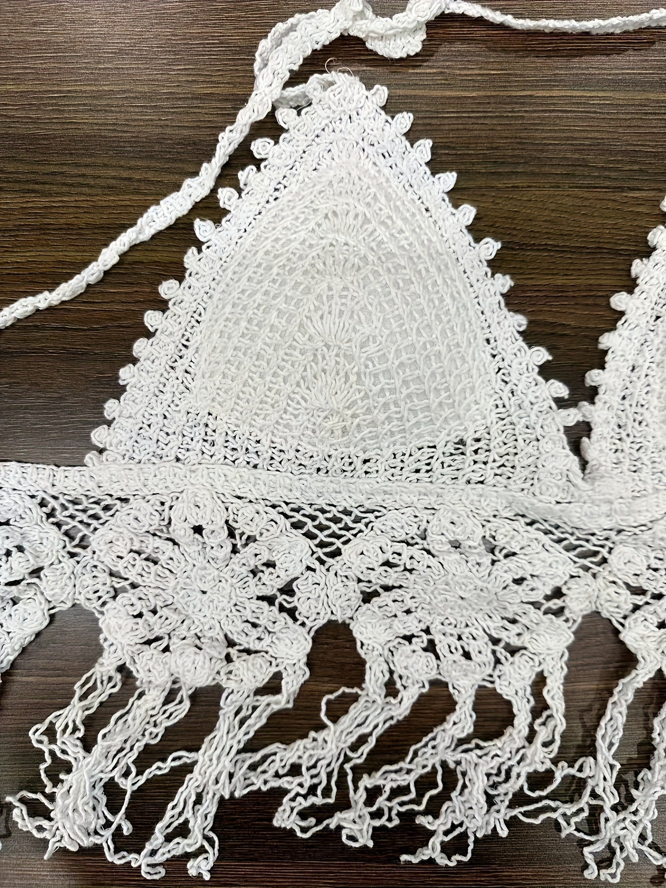 Floral Crochet Fringe Plain Scallop Trim Boho Beach Top, Halter Backless Hollow Out Paddings Top, Women's Swimwear & Clothing