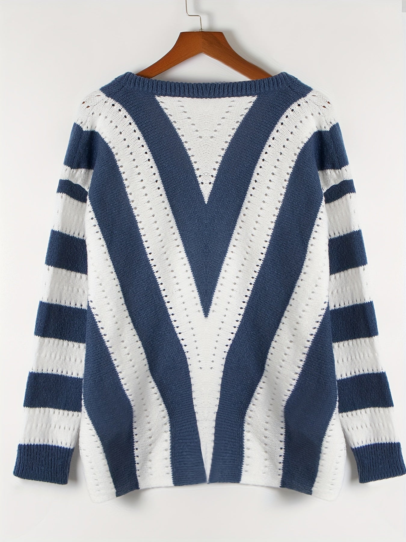 Striped Pattern Eyelet V Neck Pullover Sweater, Casual Long Sleeve Sweater For Fall & Winter, Women's Clothing