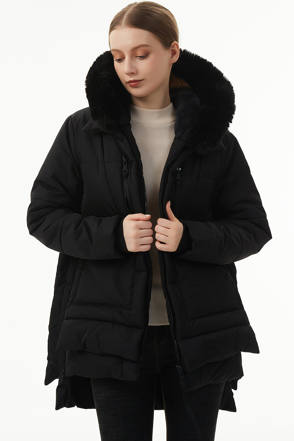 Beige Plush Linen Zip Up Hooded Puffer Coat