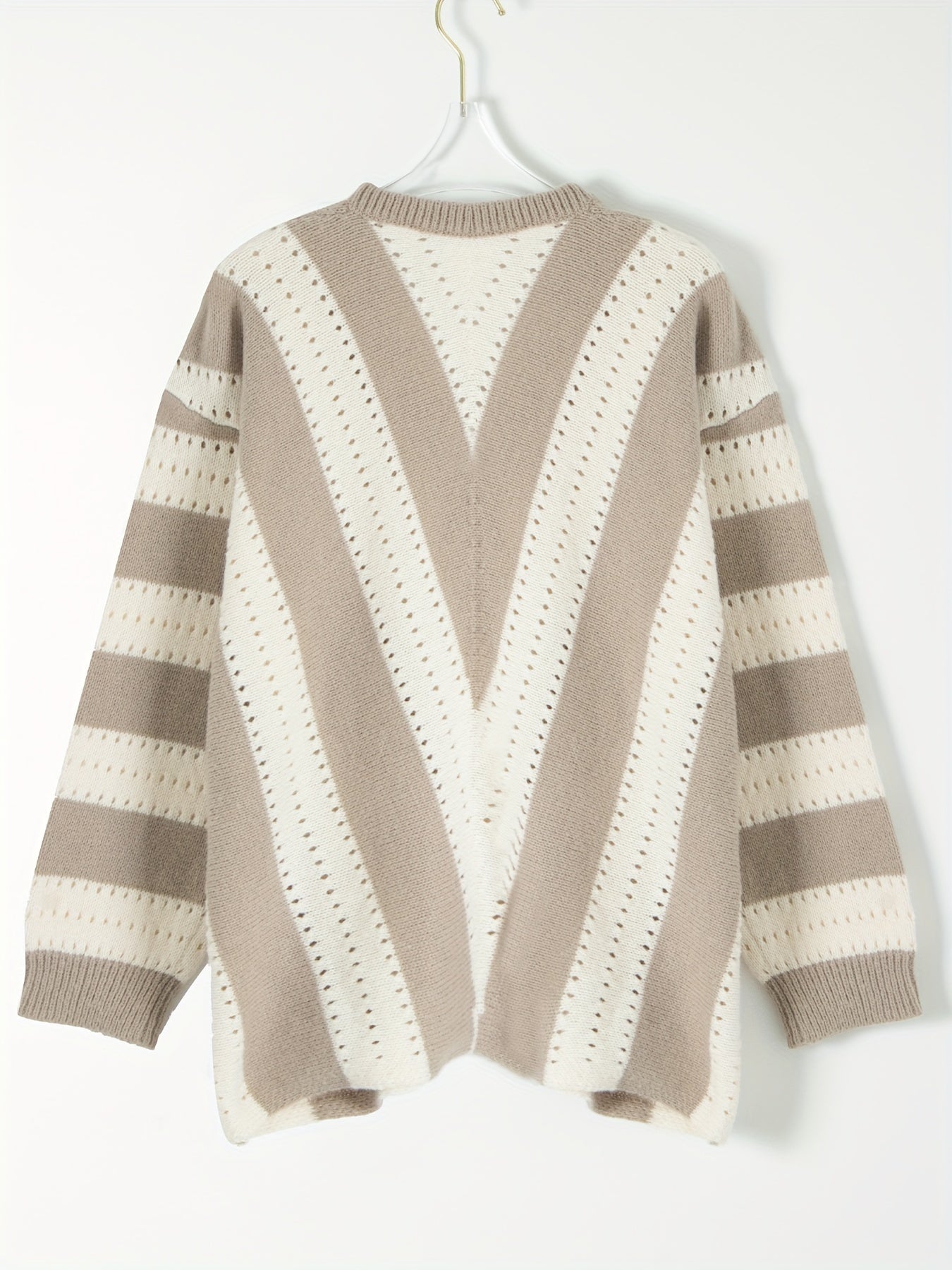 Striped Pattern Eyelet V Neck Pullover Sweater, Casual Long Sleeve Sweater For Fall & Winter, Women's Clothing