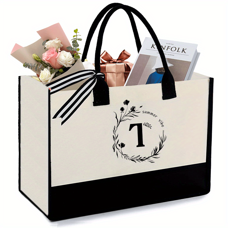 Initial Canvas Tote Bag With Zipper Pocket 13OZ Embroidery Monogrammed Personalized Birthday Gifts For Women And Men | Letter J