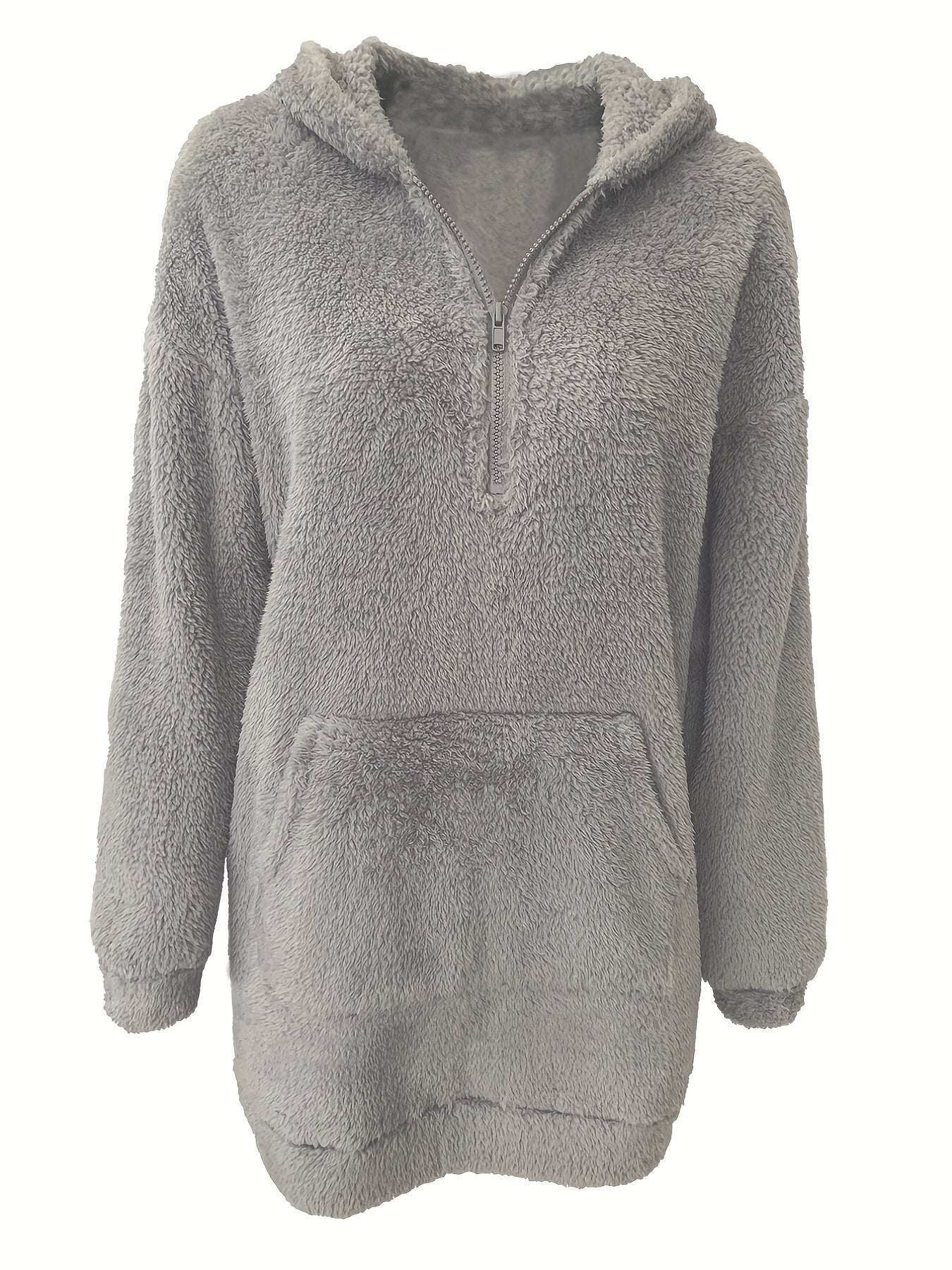 Fuzzy Long Length Hoodie, Casual Solid Long Sleeve Kangaroo Pocket Winter Sweatshirt, Women's Clothing