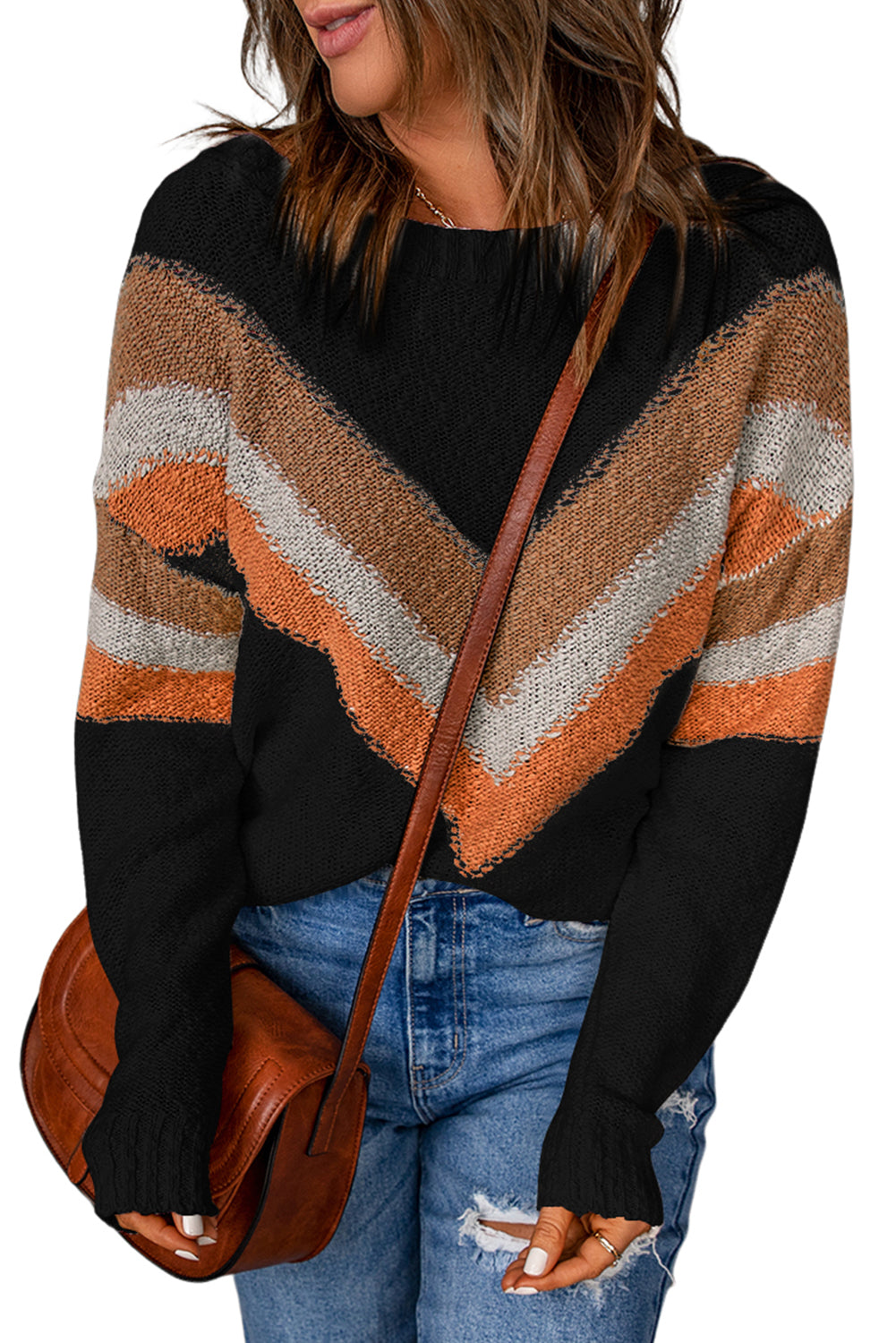 Black Chevron Striped Drop Shoulder Sweater