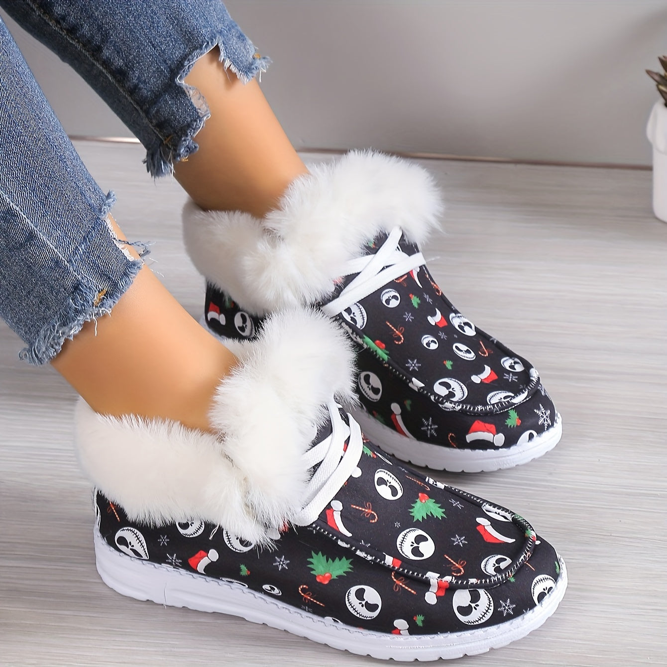 Women's Cartoon Print Fluffy Shoes, Slip On Fleece Lining Flat Soft Sole Shoes, Winter Plush Christmas Canvas Shoes