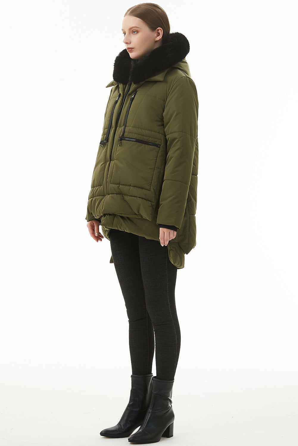 Beige Plush Linen Zip Up Hooded Puffer Coat