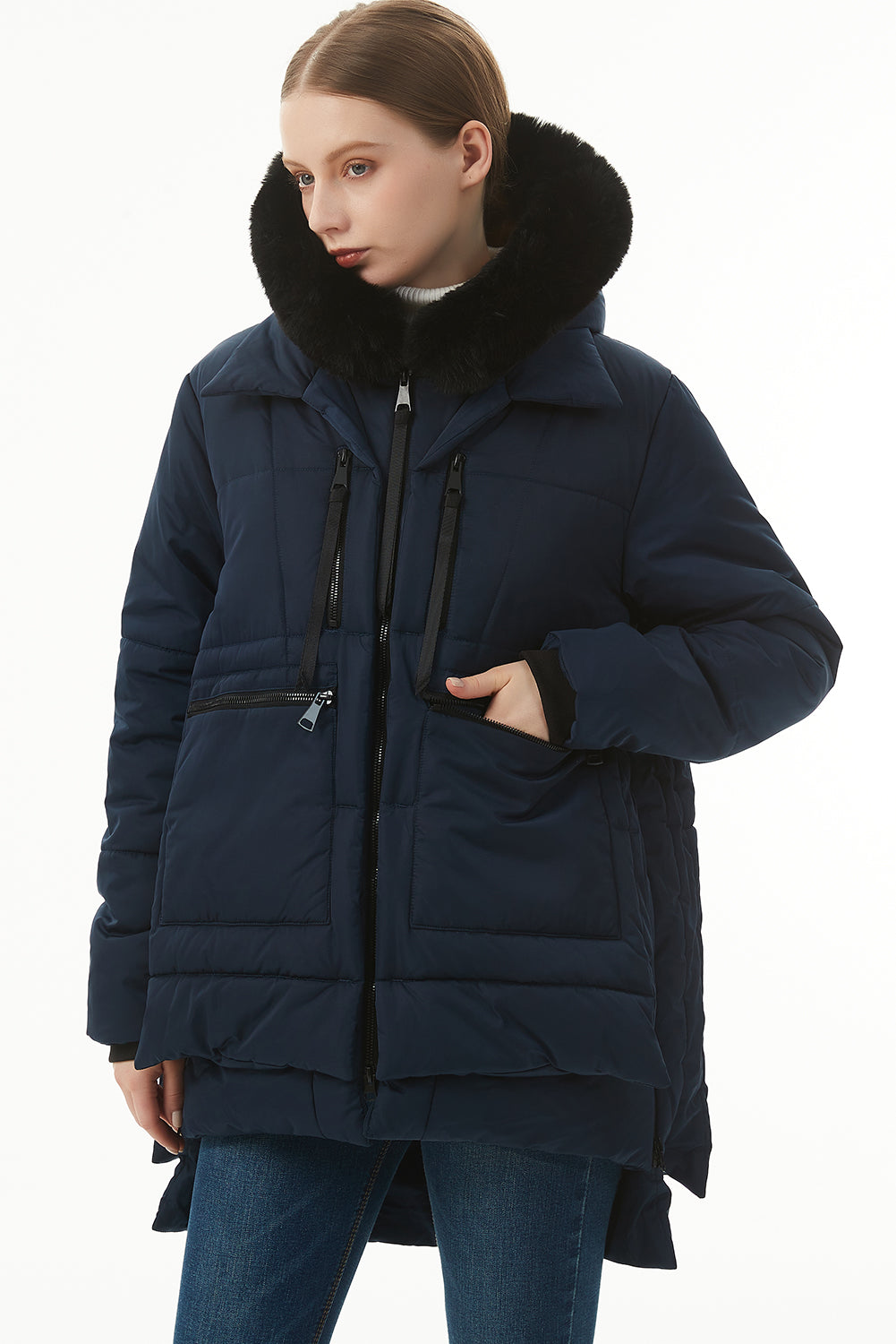 Beige Plush Linen Zip Up Hooded Puffer Coat