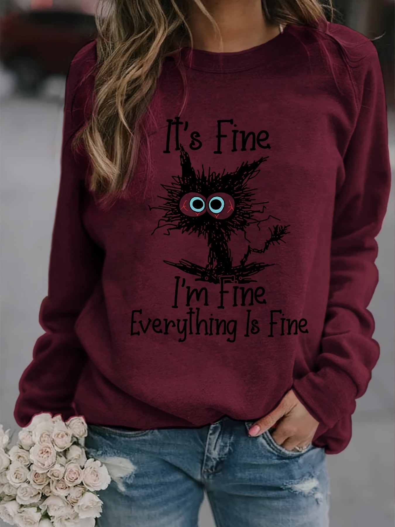 It's Fine Cartoon Cat Print Sweatshirt, Long Sleeve Crew Neck Casual Sweatshirt For Winter & Fall, Women's Clothing