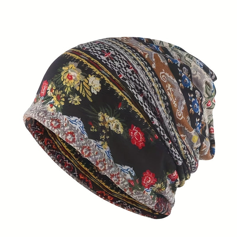 Vintage Floral Print Beanie Boho Coldproof Warm Knit Hat Casual Headband Elastic Skull Cap Chemo Hats For Autumn & Winter