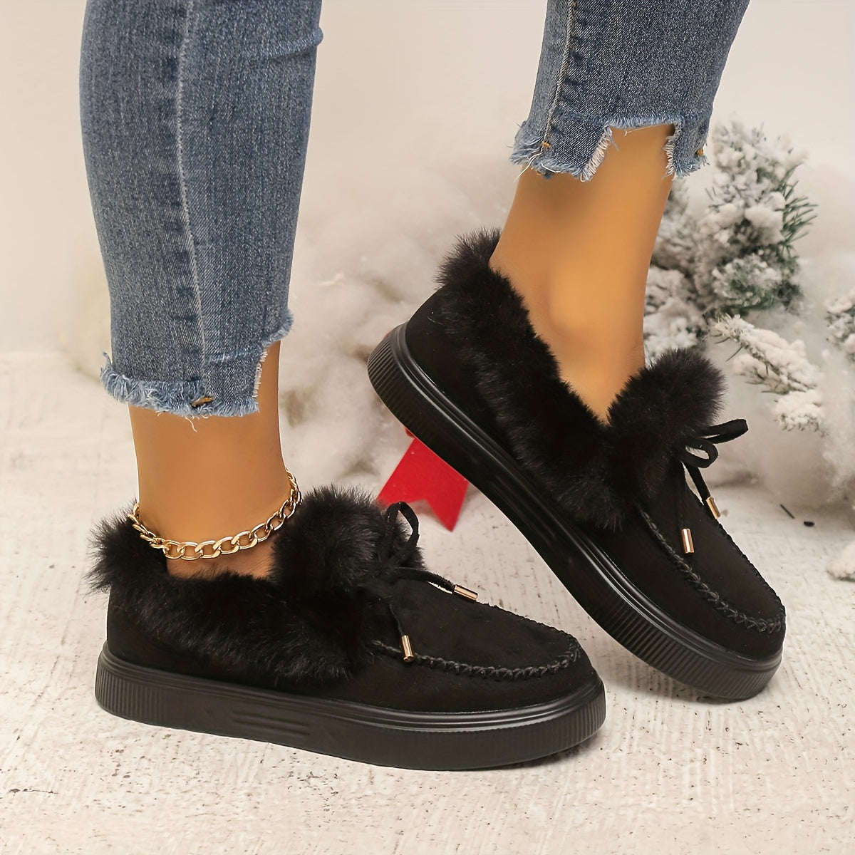 Women's Fluffy Furry Snow Boots, Solid Color Bowknot Plush Lined Ankle Boots, Winter Warm Flat Fuzzy Short Boots