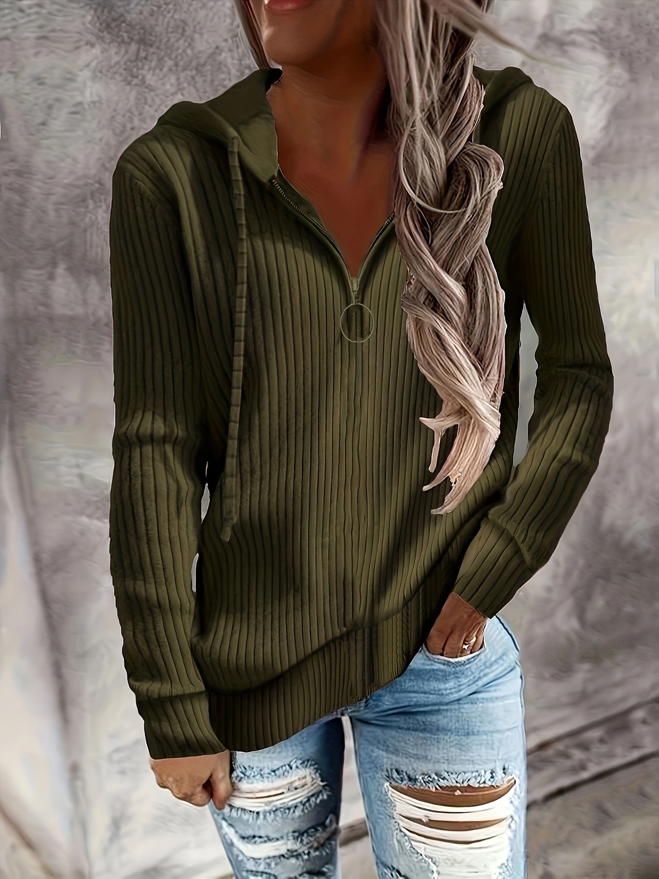 Zip-up Pullover Drawstring Hoodie, Casual Long Sleeve Ribbed Hoodie Sweatshirt, Women's Clothing