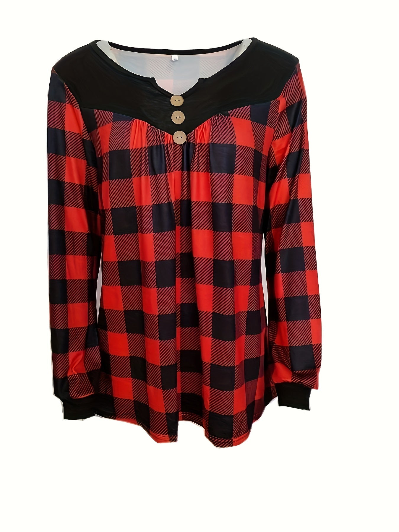 Plaid Print Notch Neck Button T-Shirt, Casual Long Sleeve T-Shirt For Spring & Fall, Women's Clothing