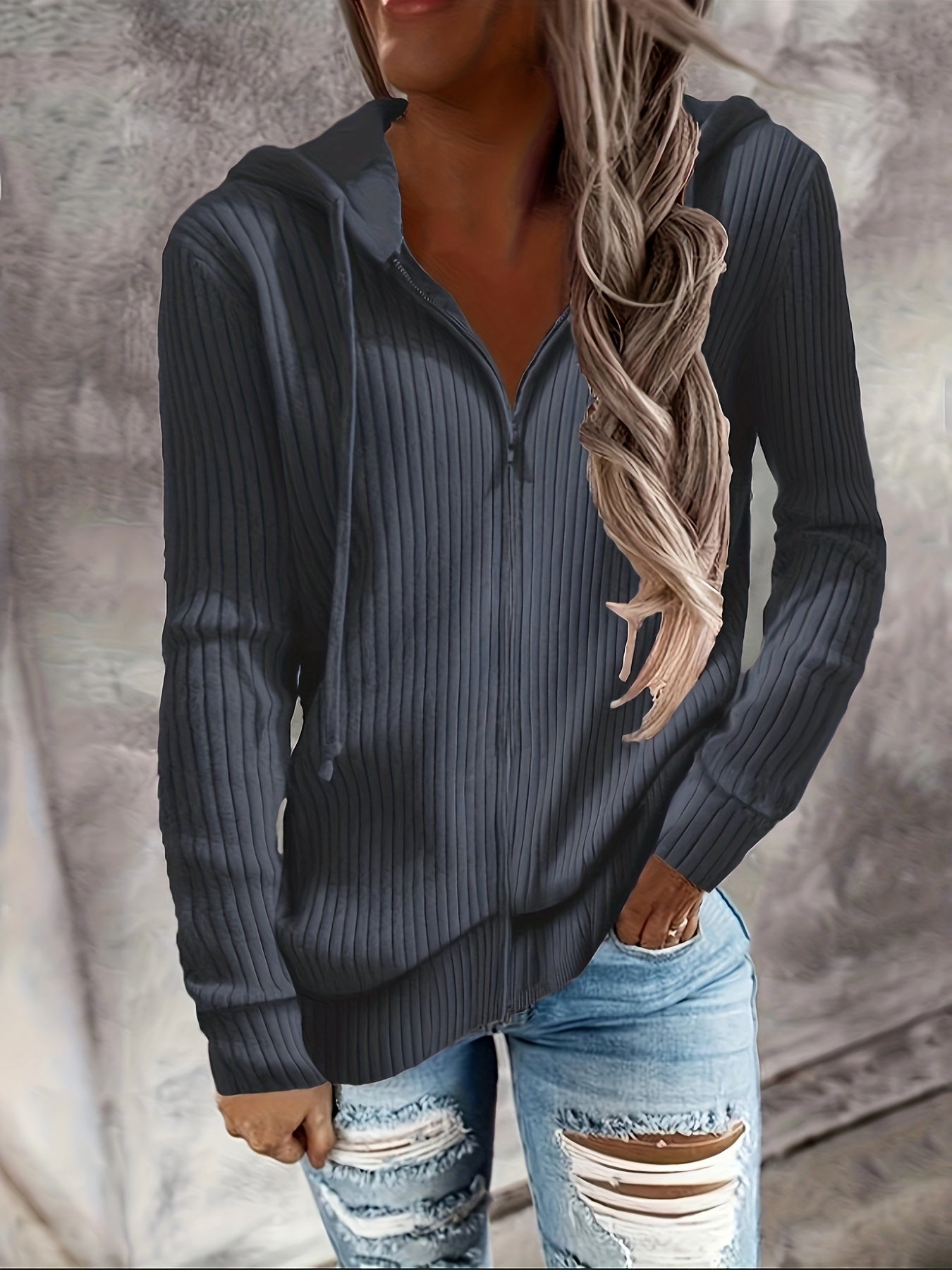 Drawstring Zip Up Hoodie, Casual Long Sleeve Hoodie For Fall & Winter, Women's Clothing