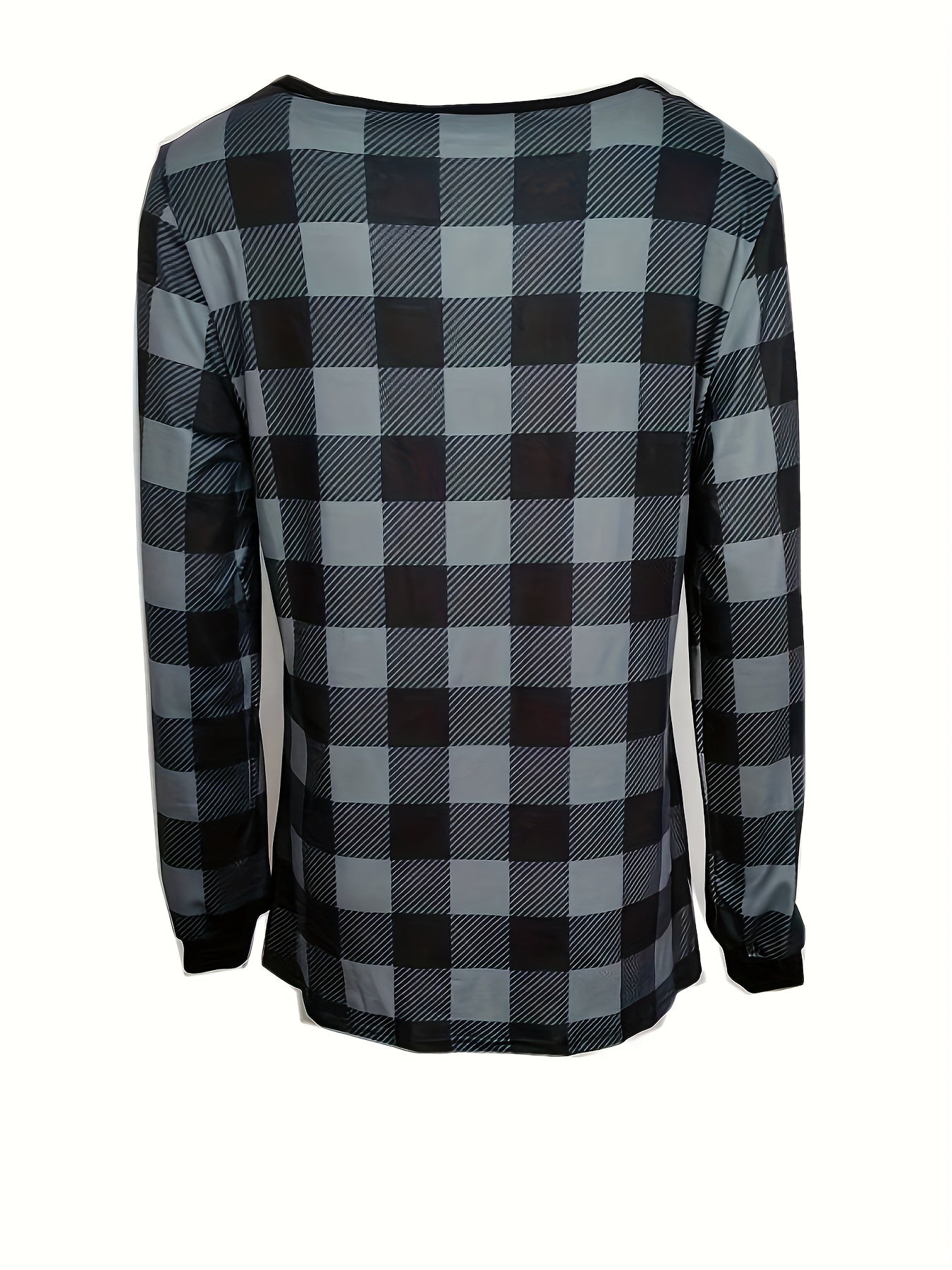 Plaid Print Notch Neck Button T-Shirt, Casual Long Sleeve T-Shirt For Spring & Fall, Women's Clothing