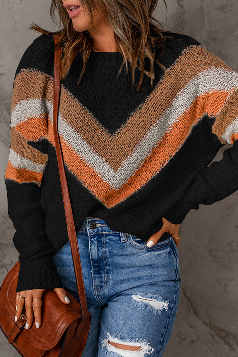 Black Chevron Striped Drop Shoulder Sweater
