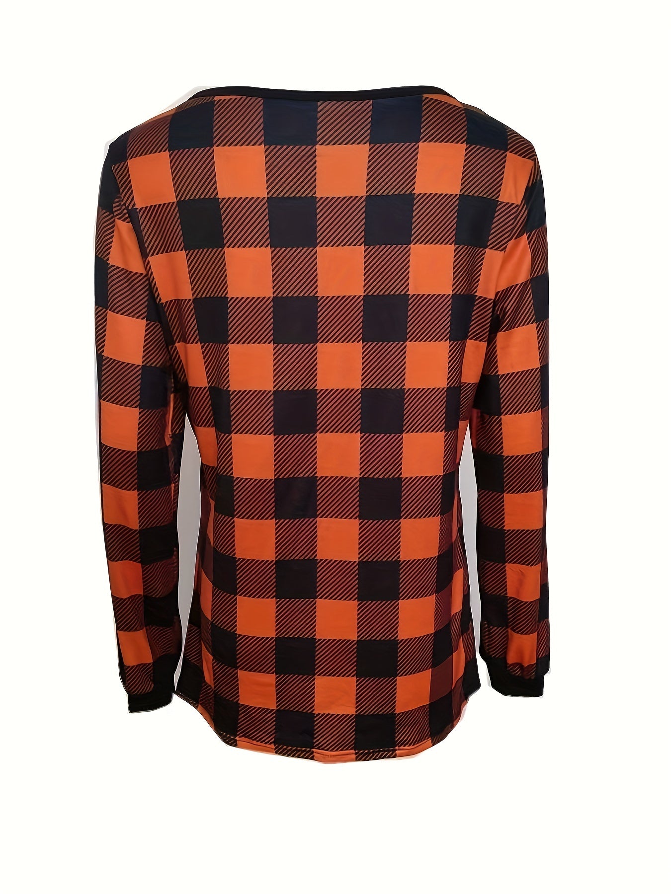 Plaid Print Notch Neck Button T-Shirt, Casual Long Sleeve T-Shirt For Spring & Fall, Women's Clothing