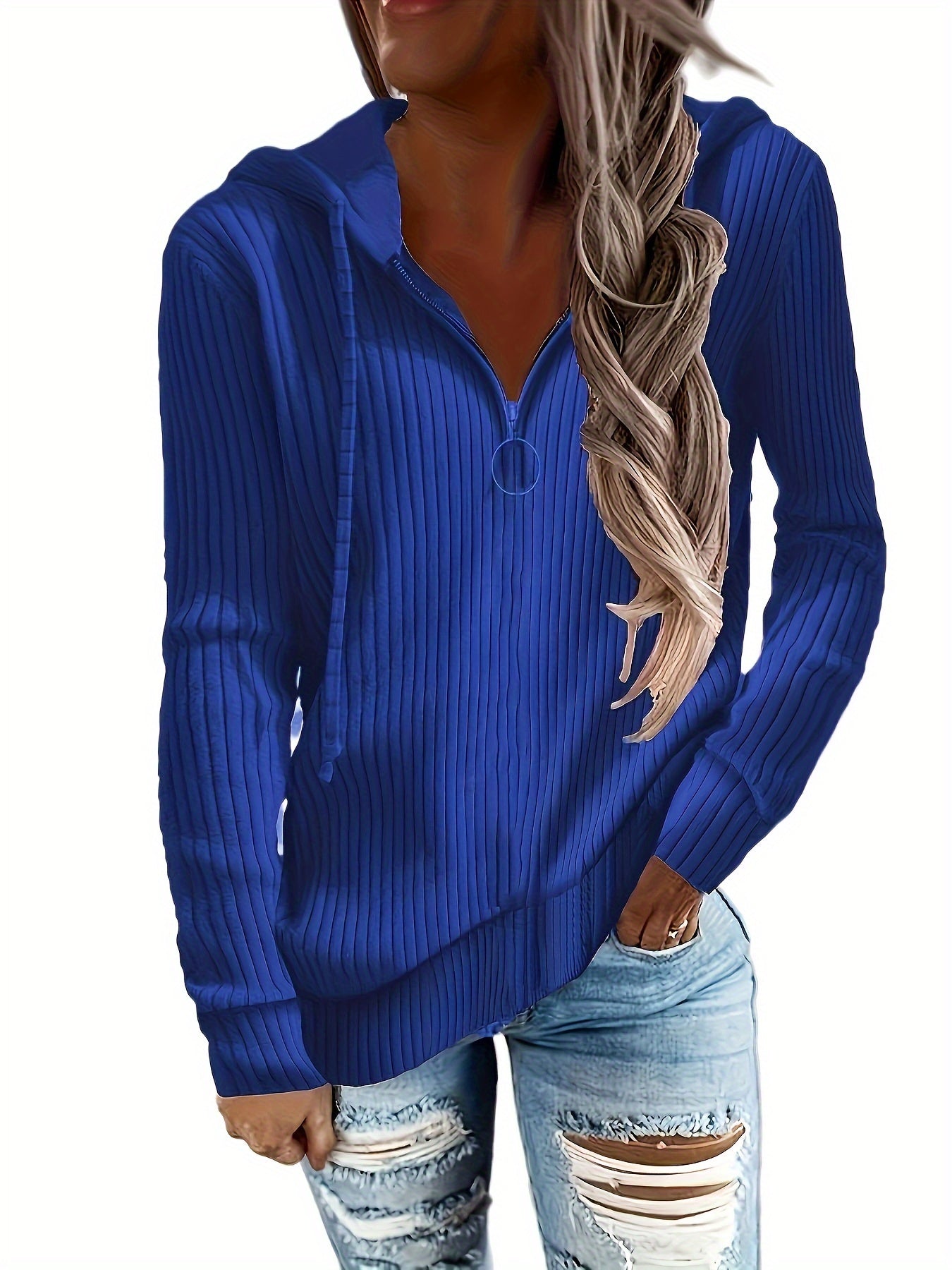Zip-up Pullover Drawstring Hoodie, Casual Long Sleeve Ribbed Hoodie Sweatshirt, Women's Clothing