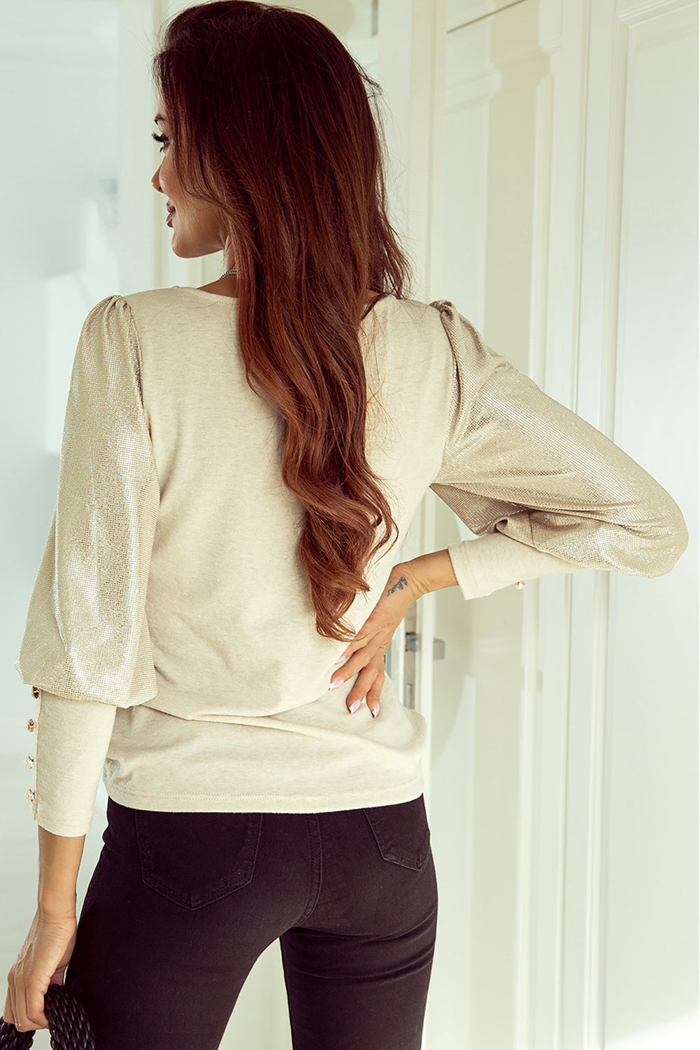 Black Buttoned Cuffs Shiny Puff Sleeves Top