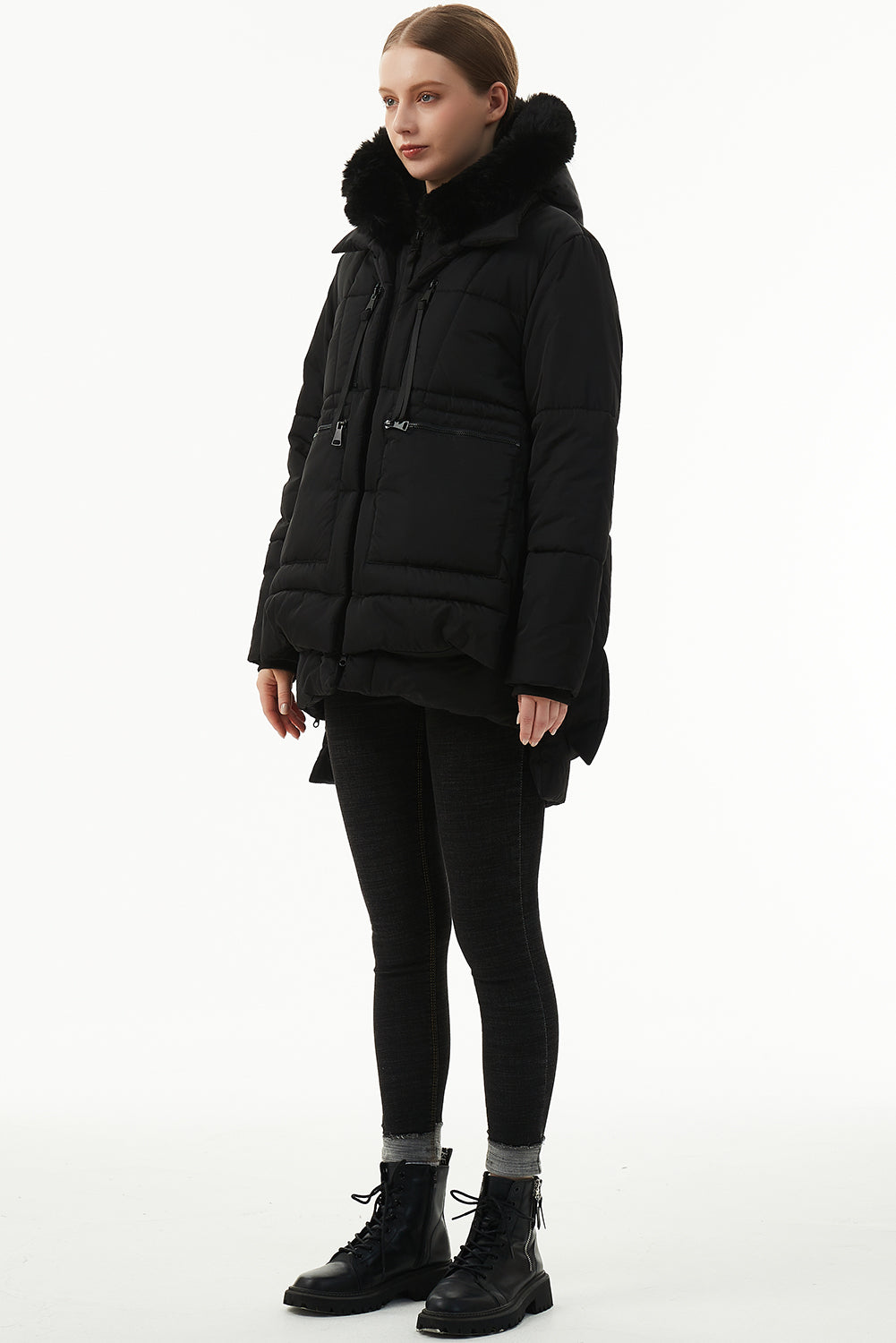 Beige Plush Linen Zip Up Hooded Puffer Coat