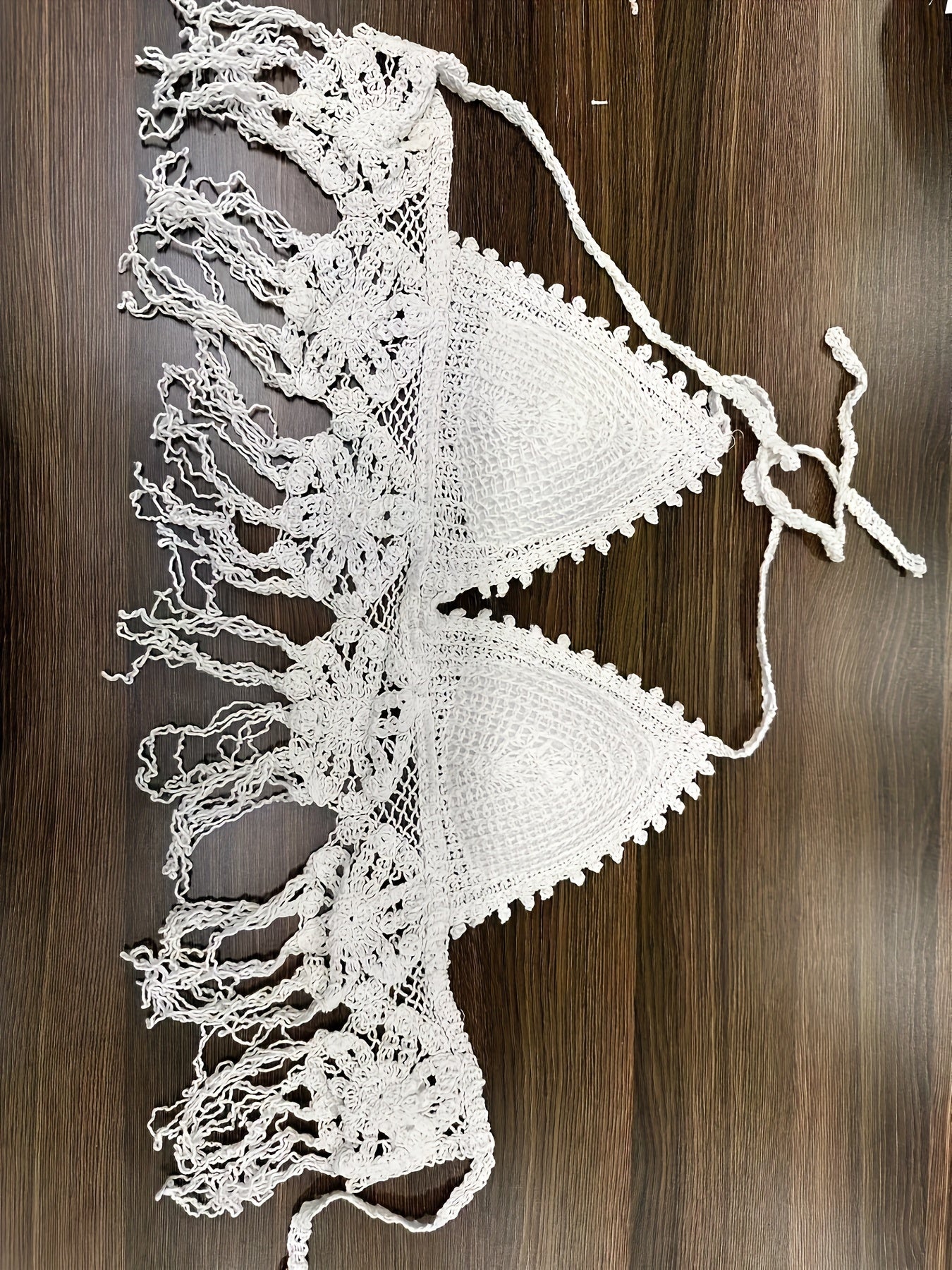 Floral Crochet Fringe Plain Scallop Trim Boho Beach Top, Halter Backless Hollow Out Paddings Top, Women's Swimwear & Clothing