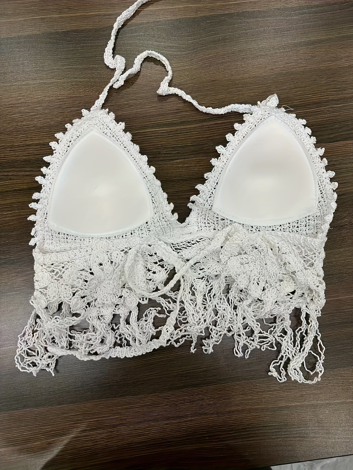 Floral Crochet Fringe Plain Scallop Trim Boho Beach Top, Halter Backless Hollow Out Paddings Top, Women's Swimwear & Clothing