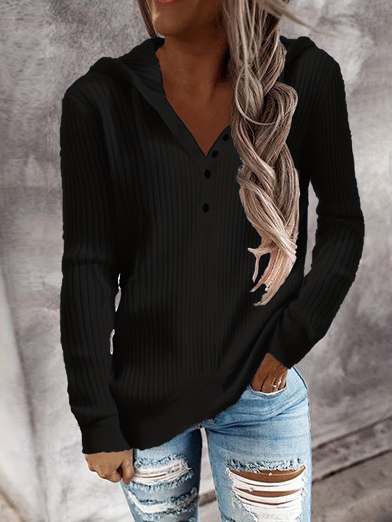 Long Sleeve Knitted Hoodies, Solid Casual Sweater, Women's Clothing