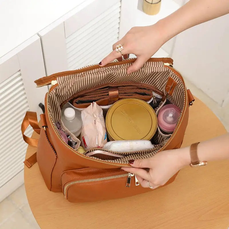 PU Leather Diaper Bag Backpack Travel Carry Bag, Nappy Baby Bag with Stroller Hanger|Thermal Pockets|Adjustable Shoulder Straps