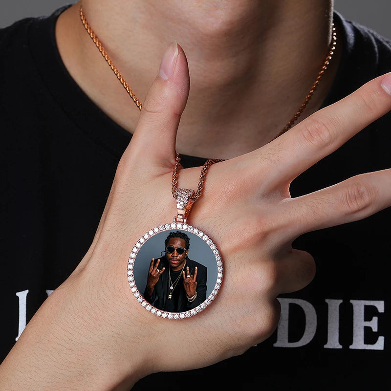 JINAO NEW Custom Ice out Large size Photo Round Necklace & Pendant With 4mmTennis Chain AAA Cubic Zircon Hip hop Jewelry