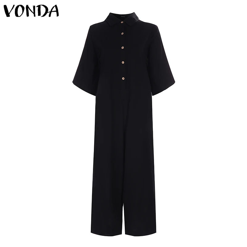 Elegant Summer Jumpsuits Women Vintage Wide Leg Pants 2023 VONDA Female Rompers Women Jumpsuits  Playsuit Casual Solid Overalls