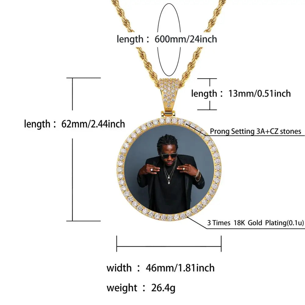 JINAO NEW Custom Ice out Large size Photo Round Necklace & Pendant With 4mmTennis Chain AAA Cubic Zircon Hip hop Jewelry