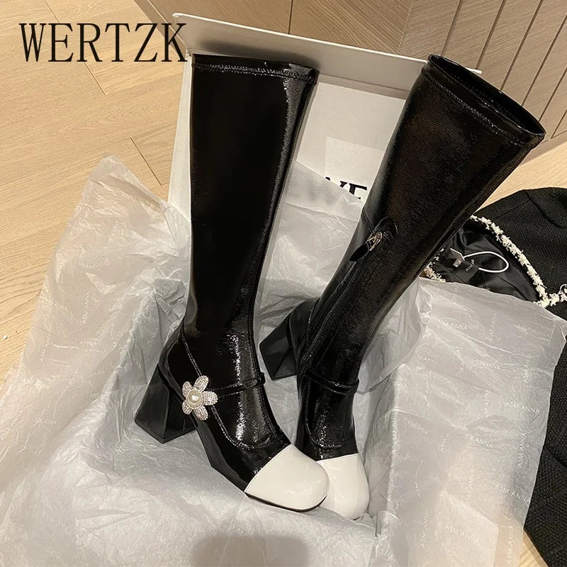 Brand Design Skidproof Sole Cozy Chunky Heels Fashion Elasticity Leisure Cool Autumn Winter Knee High  Boots Shoes Women