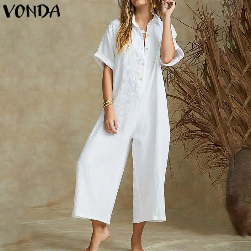 Elegant Summer Jumpsuits Women Vintage Wide Leg Pants 2023 VONDA Female Rompers Women Jumpsuits  Playsuit Casual Solid Overalls