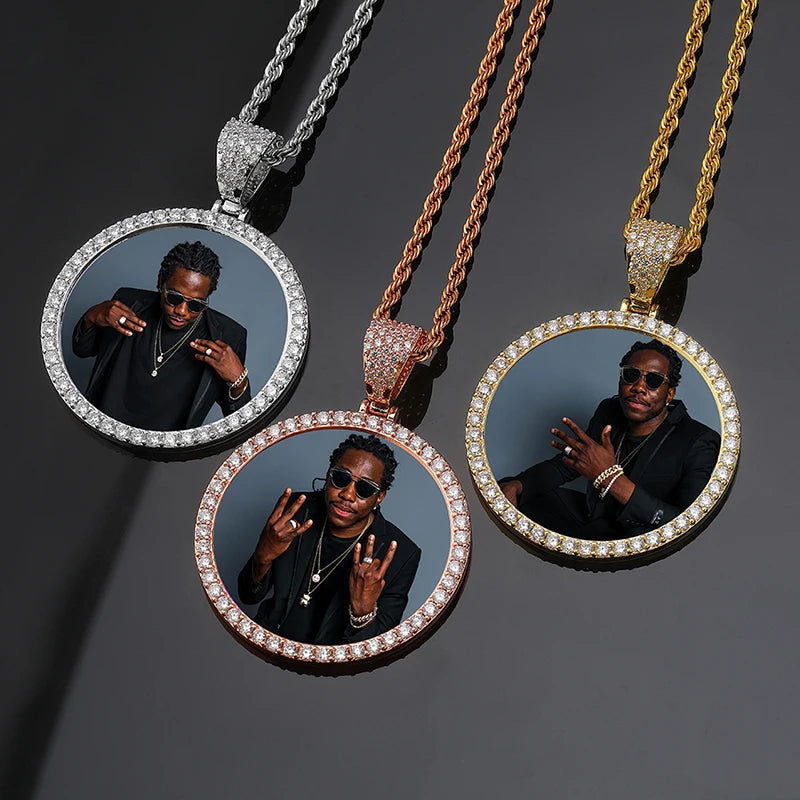 JINAO NEW Custom Ice out Large size Photo Round Necklace & Pendant With 4mmTennis Chain AAA Cubic Zircon Hip hop Jewelry