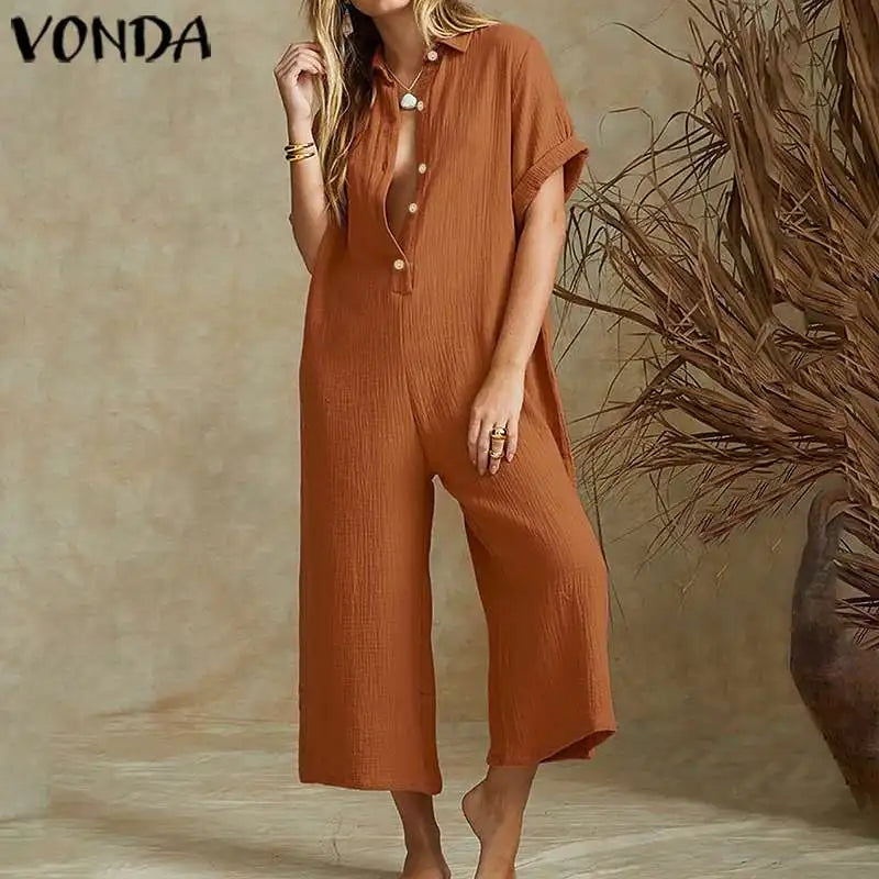 Elegant Summer Jumpsuits Women Vintage Wide Leg Pants 2023 VONDA Female Rompers Women Jumpsuits  Playsuit Casual Solid Overalls