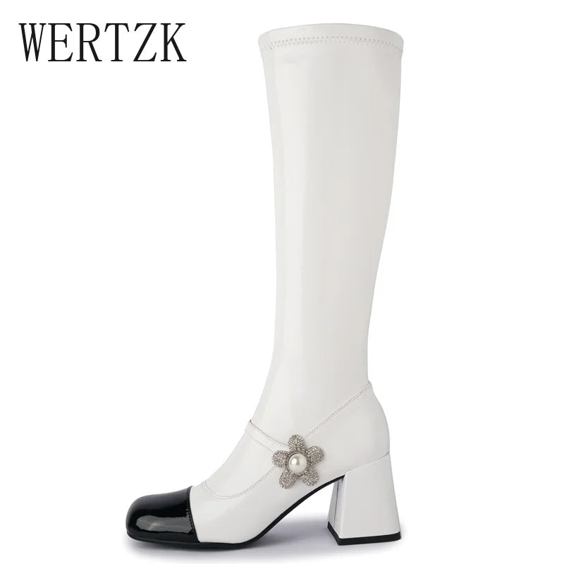 Brand Design Skidproof Sole Cozy Chunky Heels Fashion Elasticity Leisure Cool Autumn Winter Knee High  Boots Shoes Women