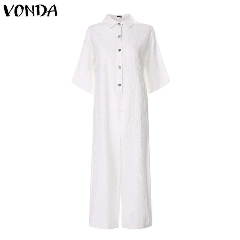 Elegant Summer Jumpsuits Women Vintage Wide Leg Pants 2023 VONDA Female Rompers Women Jumpsuits  Playsuit Casual Solid Overalls