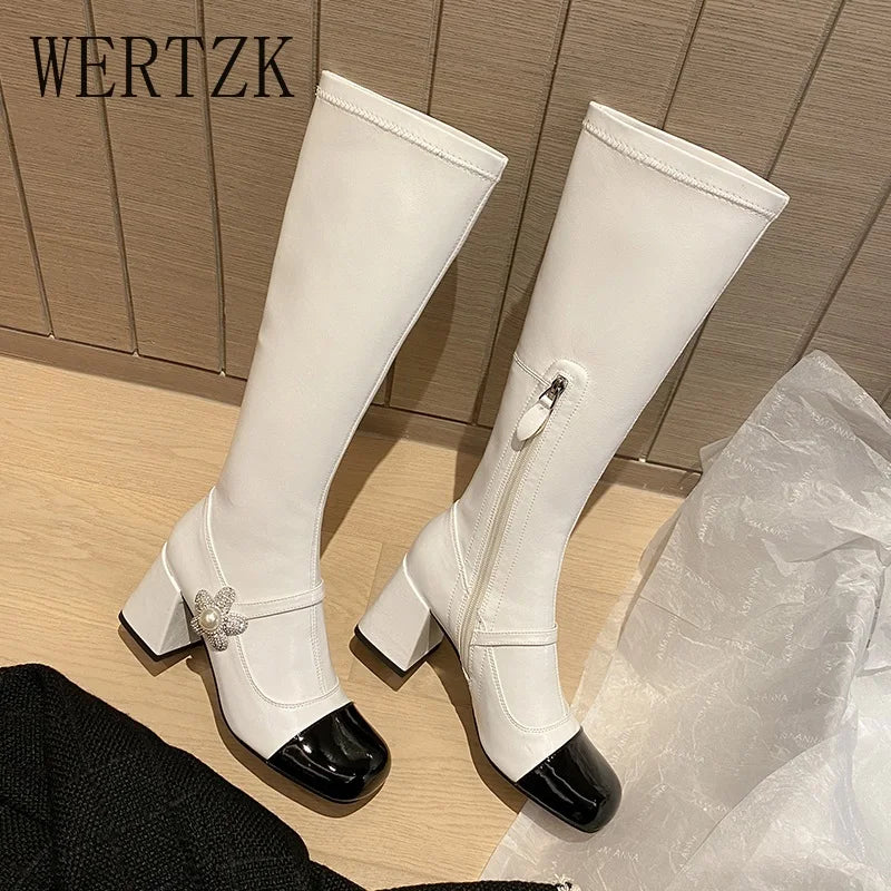 Brand Design Skidproof Sole Cozy Chunky Heels Fashion Elasticity Leisure Cool Autumn Winter Knee High  Boots Shoes Women
