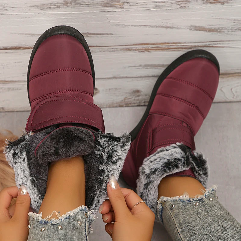 Waterproof Non-Slip Snow Boots for Women Faux Fur Plush Winter Ankle Boots Woman Hook Loop Down Warm Cotton Padded Shoes Botas