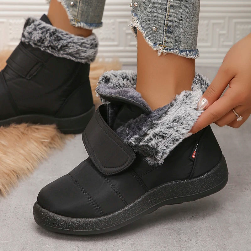 Waterproof Non-Slip Snow Boots for Women Faux Fur Plush Winter Ankle Boots Woman Hook Loop Down Warm Cotton Padded Shoes Botas