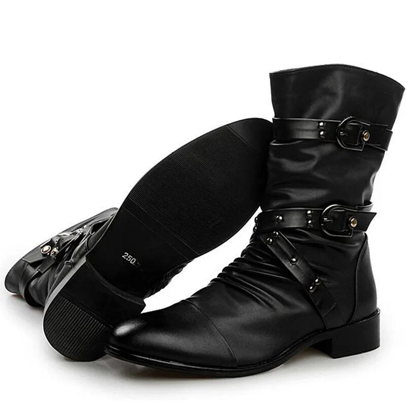 Men's Leather Boots High Quality Biker Boots Black Punk Rock Shoes Men's Women's Tall Boots Size 38--48