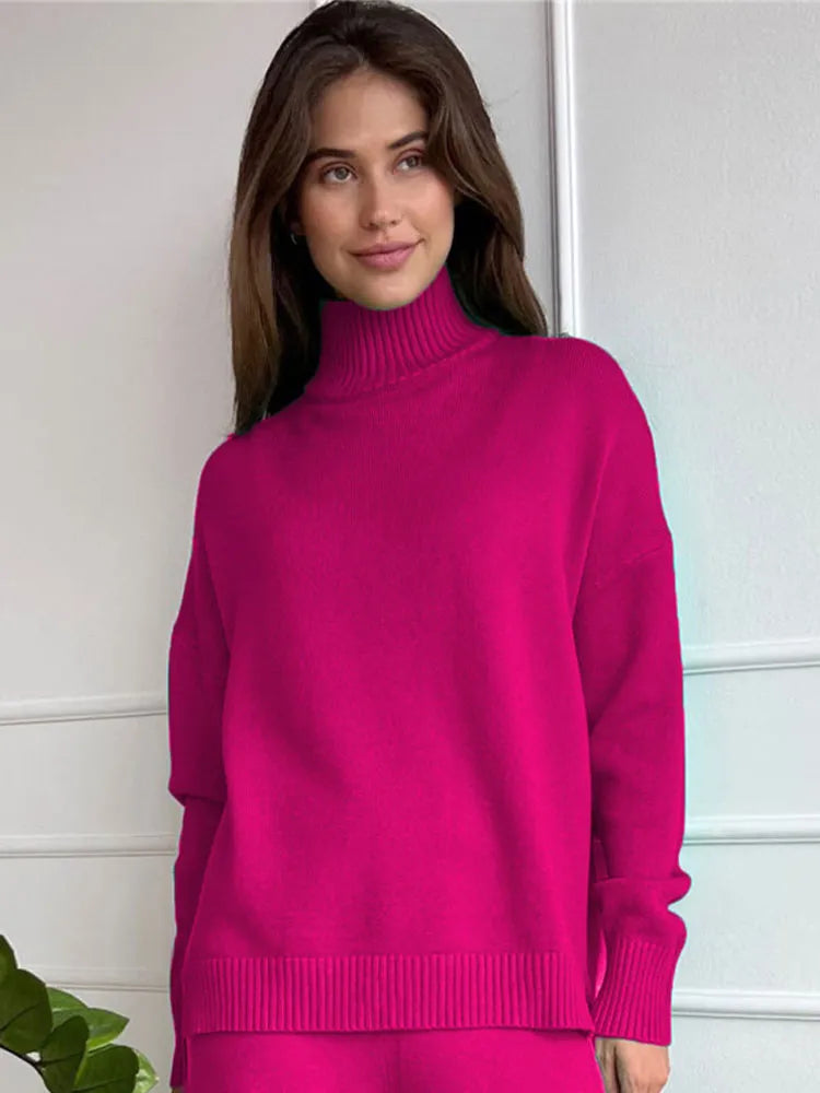 Autumn Women Turtleneck Knitted Sweater Set Casual Solid Sweater High Waist Wide Leg Pant Suit 2022 Fashion Lady Knitwear Outfit