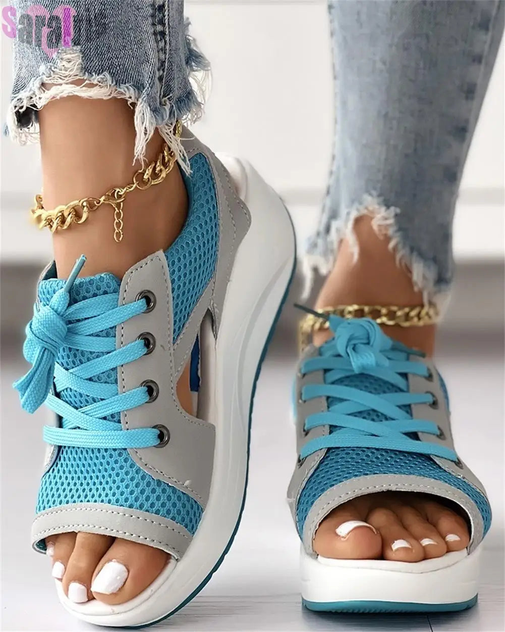 Women's Sneakers Light Breath Casual Shoes Female Wedges Heels Mesh Summer Vulcanize Flat Platform Peep Toe Sandals Women 2023