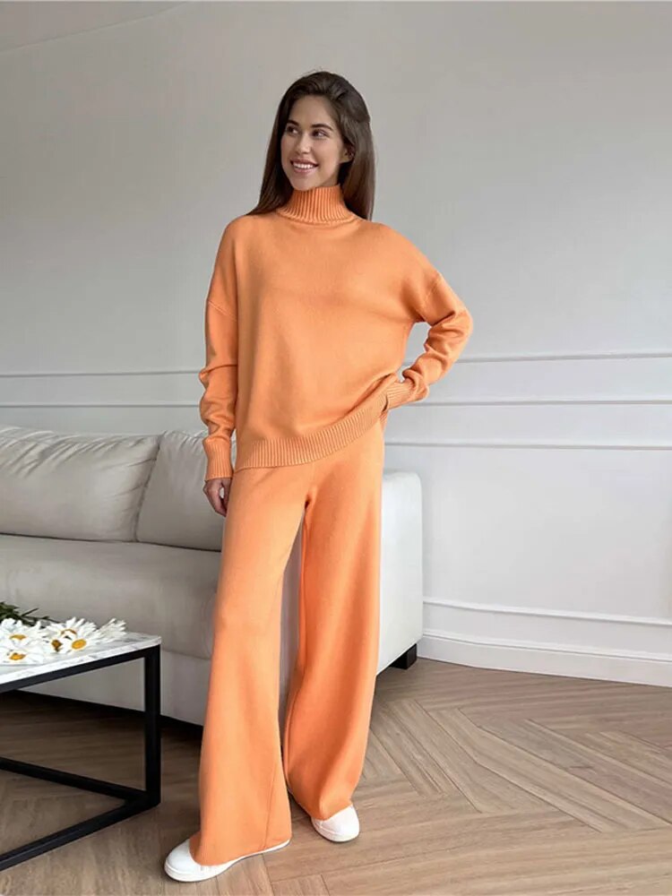 Autumn Women Turtleneck Knitted Sweater Set Casual Solid Sweater High Waist Wide Leg Pant Suit 2022 Fashion Lady Knitwear Outfit