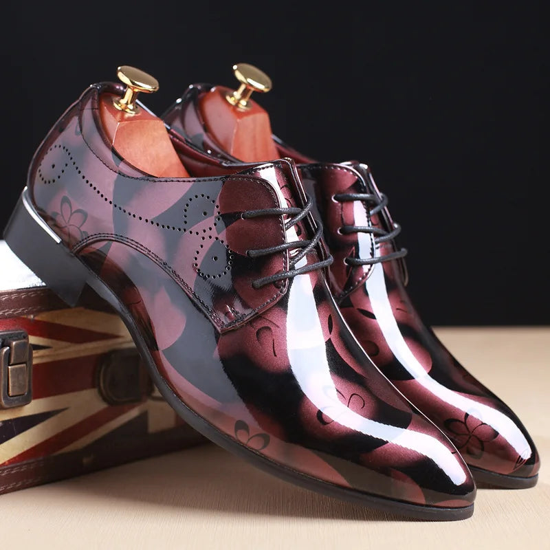 movechain Vintage Design Men's Fashion Print Plus size Patent leather Business Dress Shoes Mens Casual Lace-up Flats Sizes 38-48